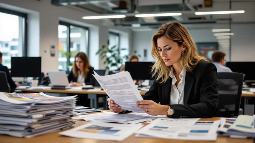 Journaliste en Suisse examinant un contrat de travail dans une rédaction lors d'une fusion d'entreprises médias