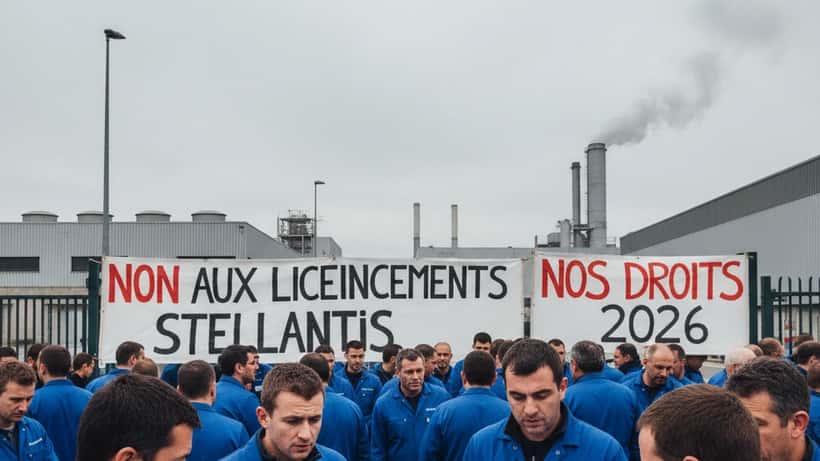 Salariés Stellantis mobilisés devant une usine française, tenant des banderoles syndicales