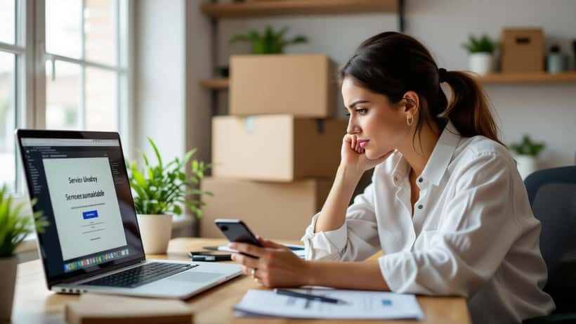 Small business owner looking at laptop showing website error during Shopify outage
