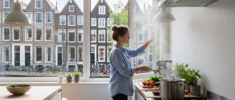 Nederlandse vrouw kookt op gas en opent het raam voor ventilatie in moderne keuken