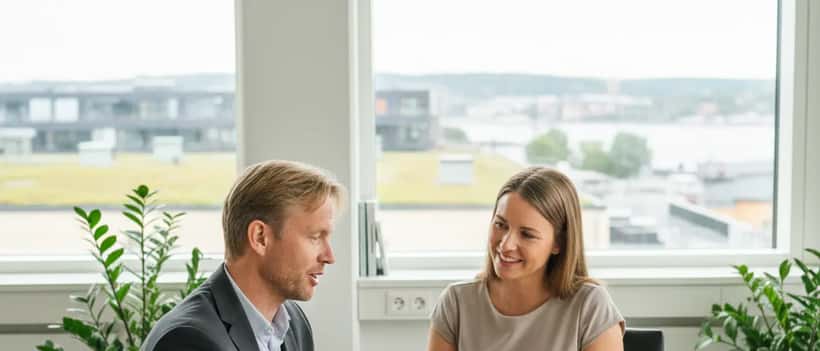 Finansiell rådgivare analyserar klimatpolitiska rådets rapport och gröna investeringar vid skrivbord med dokument och laptop