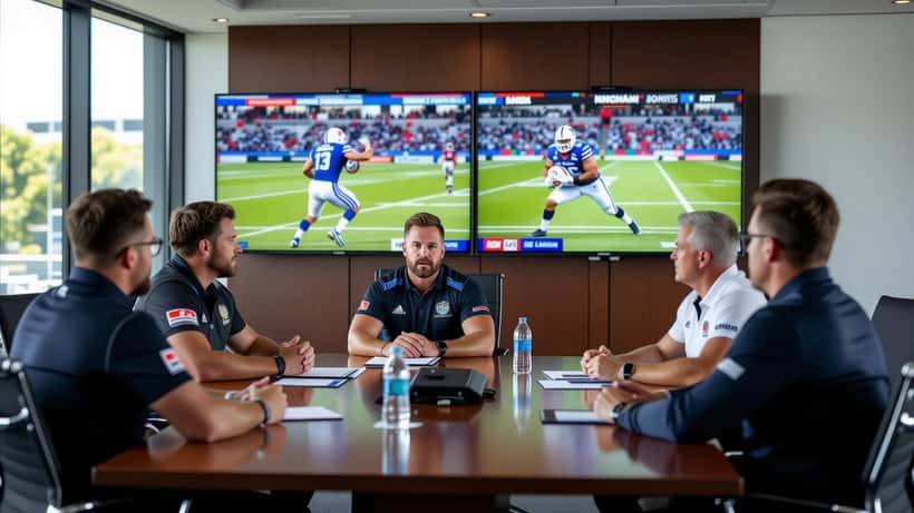 NRL player at judiciary hearing table with panel officials reviewing match footage in Sydney boardroom