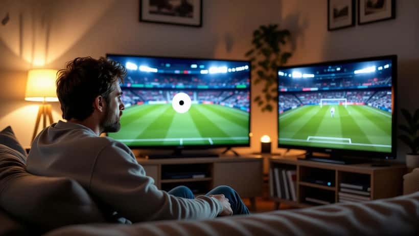 Tifoso italiano frustrato davanti alla Smart TV con schermata di buffering durante Elche-Barcellona su DAZN