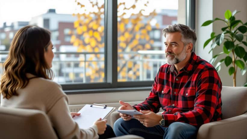 Man in casual clothing sitting across from a therapist in a modern Canadian counseling office