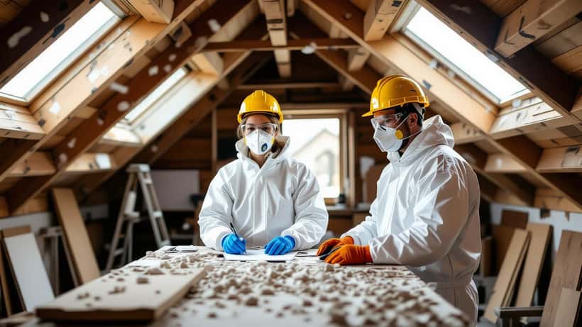 Bauarbeiter mit FFP3-Atemschutzmaske bei Asbestarbeiten in österreichischem Altbau 2026