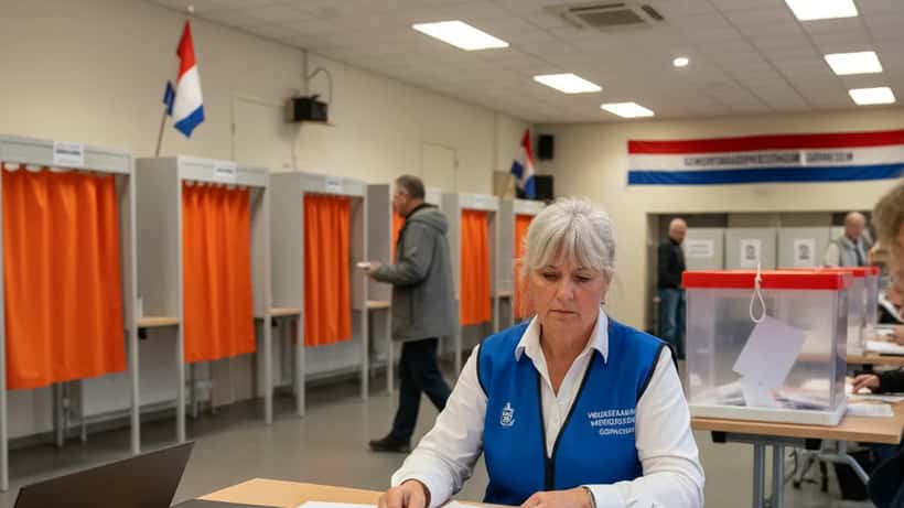 Stembureau in een gemeenschapshuis in Gorinchem met stemhokjes en een verkiezingsambtenaar