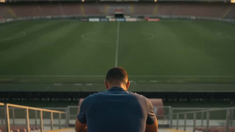 Calciatore professionista seduto sulle tribune di uno stadio vuoto al tramonto, postura pensierosa, simbolo dello stress durante il calciomercato