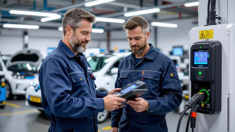 Automonteur diagnosticeert elektrische auto in gecertificeerde EV-garage, 2026
