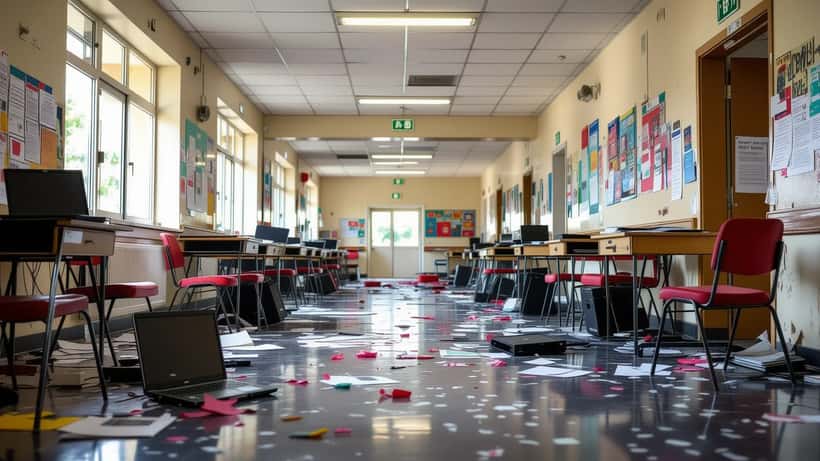 Couloir d'un lycée saccagé avec tables renversées et ordinateur brisé au sol
