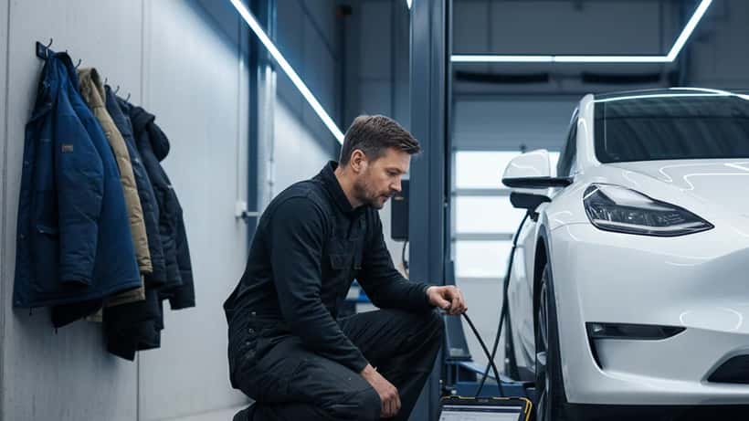 Norsk elbilmekaniker diagnostiserer Tesla i moderne verksted
