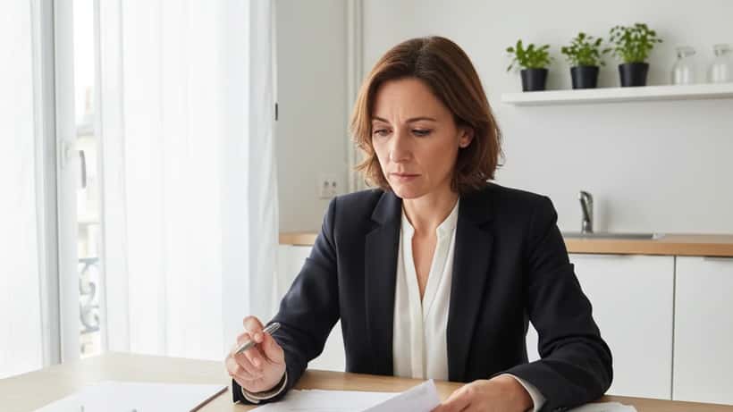 Femme française consultant ses papiers de consommateur à domicile, cartes de fidélité et reçus de supermarché