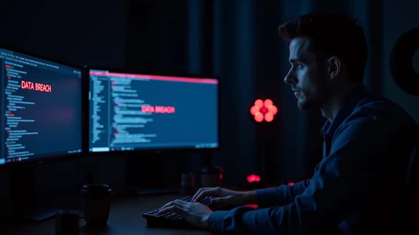 IT-Sicherheitsanalyst im dunklen Büro mit Monitoren die rote Sicherheitswarnungen und Hackercode anzeigen