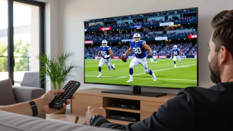 Person adjusting living room TV picture settings while an AFL match plays on screen