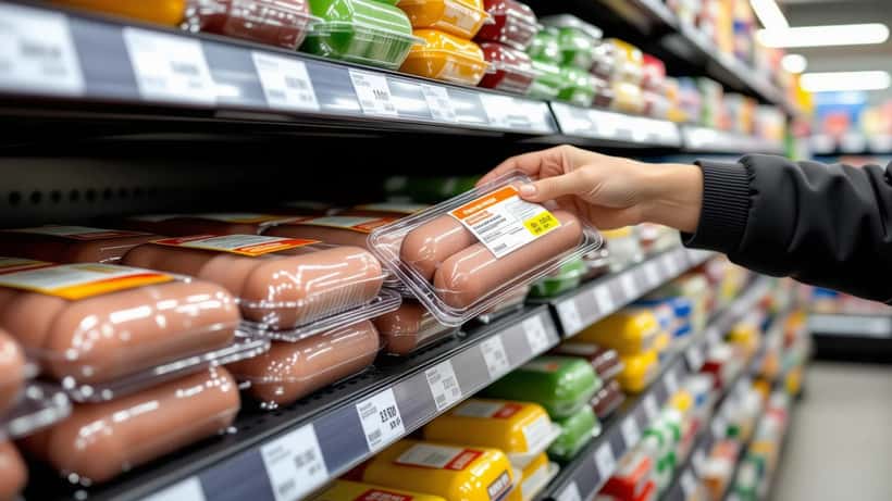Pakke med hvidløgsfrankfurtere på en køledisk i et dansk supermarked