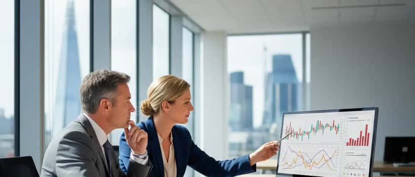 British female financial adviser consulting client at London office with investment charts