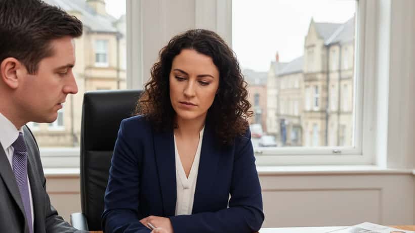 Woman reviewing legal documents with a solicitor in a Cardiff law office