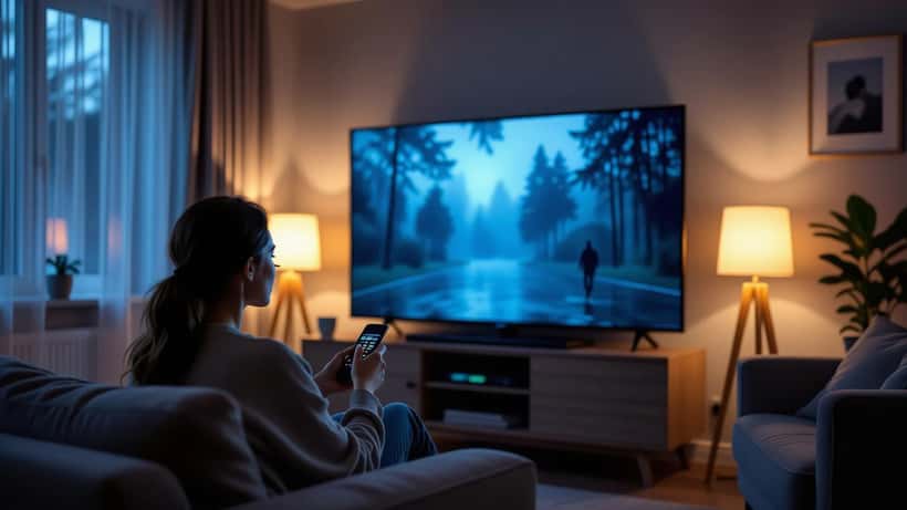 A viewer in a dark living room squinting at a very dark film scene on a large OLED television while adjusting the remote