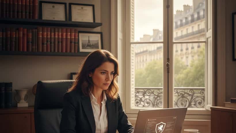 Avocate française dans son bureau parisien analysant la cybersurveillance et le logiciel espion Pegasus