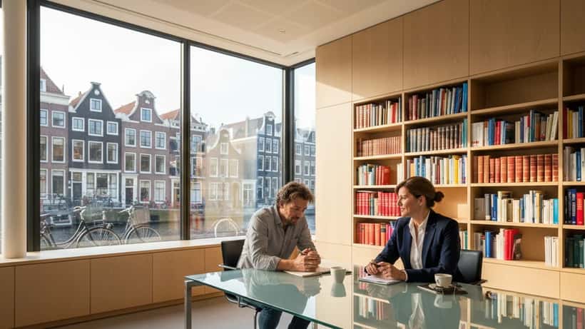 Advocate luistert empathisch naar cliënt in modern Amsterdams juridisch kantoor — slachtofferrechten in hoger beroep