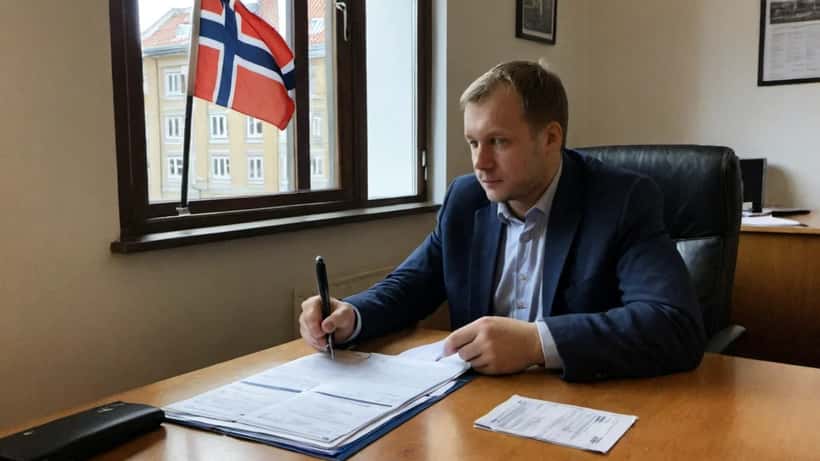 Mann gjennomgår statsborgerskapsdokumenter med advokat i Oslo-kontor, norsk flagg i bakgrunnen