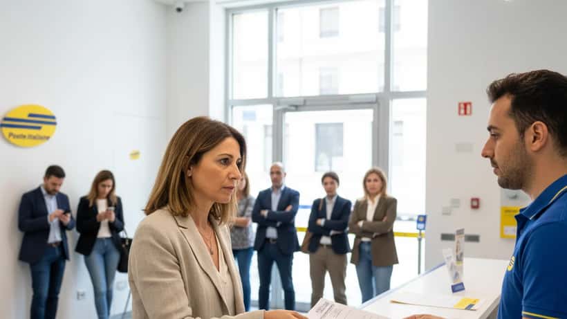 Consumatrice italiana allo sportello di Poste Italiane a Milano per reclamo su pacco non consegnato