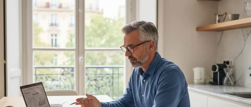 Un homme d'âge mûr consulte ses documents de retraite à la maison