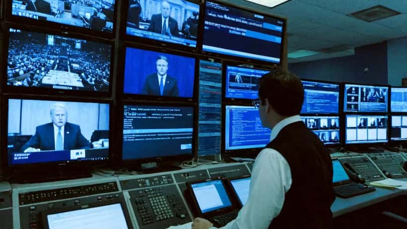 Broadcast lawyer reviewing FCC equal time rule compliance documents in a television control room