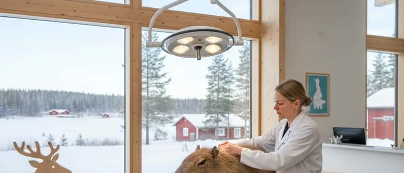 Suomalainen eläinlääkäri tutkii kapybaraa modernissa eläinklinikassa valkoisessa takissa