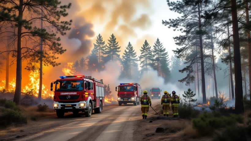 Deutsche Feuerwehrkräfte bekämpfen einen Waldbrand nahe einem Wohngebiet in Nordrhein-Westfalen im Mai 2026