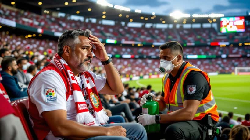 Aficionado del Toluca con mal de altura recibe oxígeno de un paramédico en las gradas del Estadio Nemesio Díez