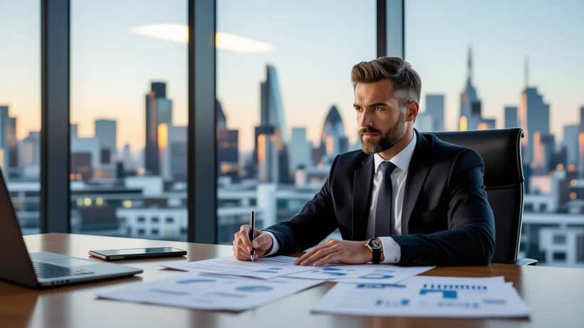 Financial adviser reviewing UK tax documents in a City of London office