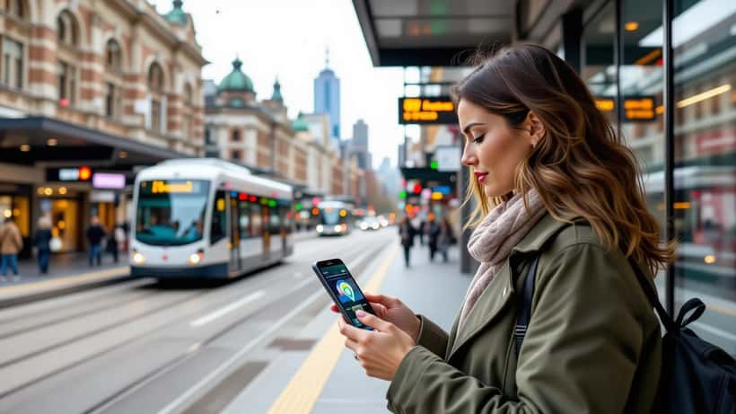 Australian woman at Melbourne tram stop reviewing location permissions on her smartphone streaming app