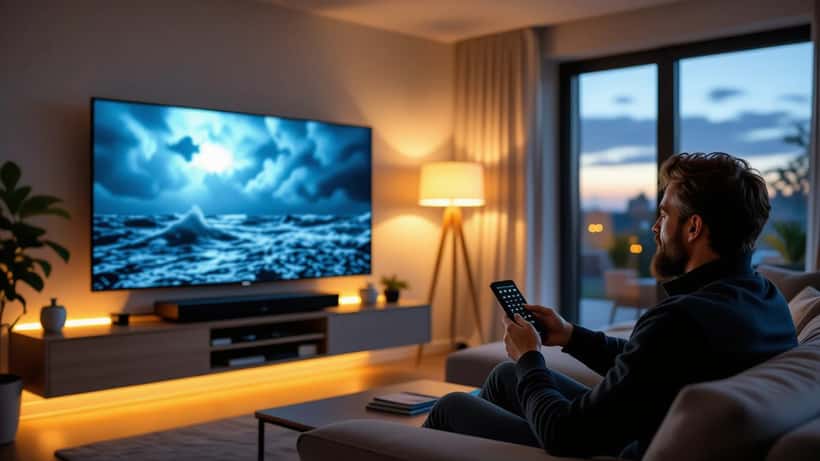 Man stelt grote OLED-televisie en soundbar af in donkere woonkamer met filmscène op het scherm