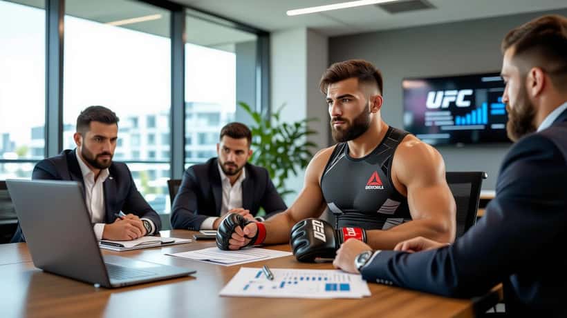 Peleador de MMA revisando contratos y gráficas financieras en oficina de Las Vegas, guantes de MMA sobre documentos legales