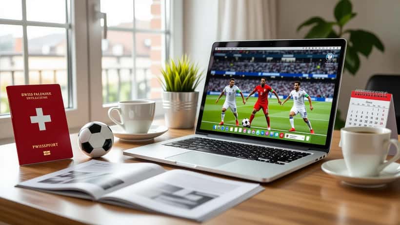 Bureau avec ordinateur portable affichant le tableau des groupes de la Coupe du Monde 2026, passeport suisse et calendrier