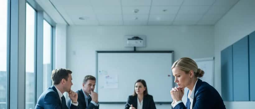 En svensk professionell kvinna sitter vid ett konferensbord med ett fundersamt uttryck