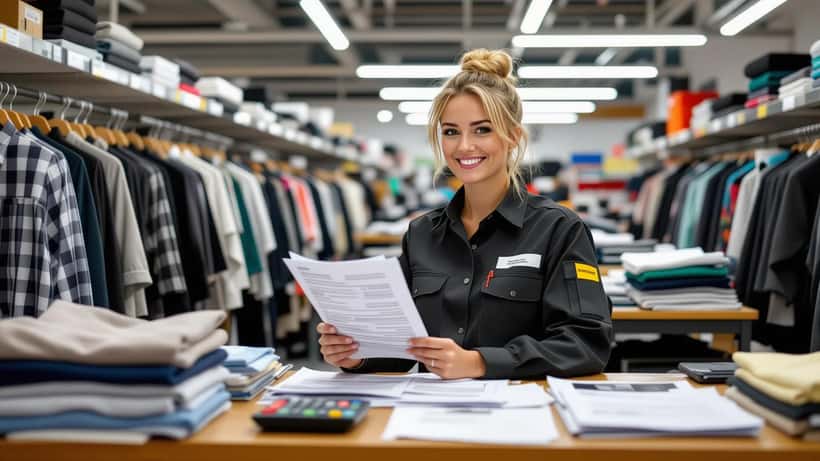 Retailmedewerker in achterkamer kledingwinkel bestudeert loonstrook en WKR-documenten