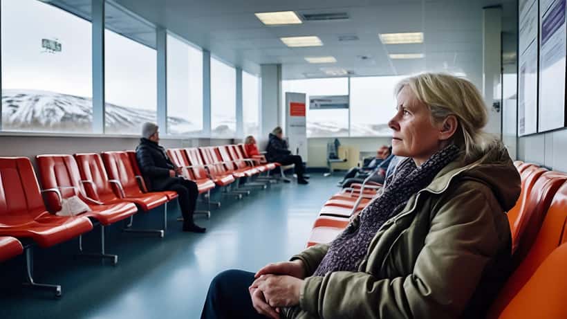 Sjúklingur í biðstofu sjúkrahúss á Íslandi bíður eftir sérfræðiþjónustu
