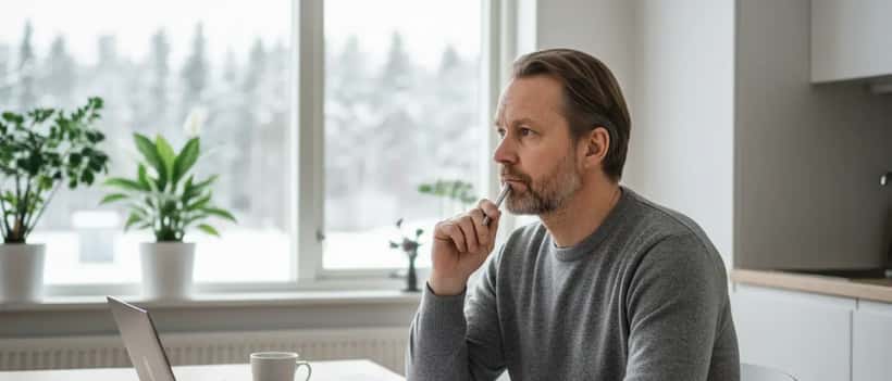 Suomalainen mies tarkastelee talousasiakirjoja kotona Asko-yrityskaupan jälkeen