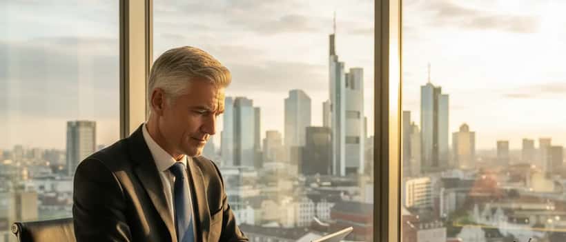 Deutscher Finanzberater erklärt Altersvorsorgeoptionen in einem modernen Frankfurter Büro
