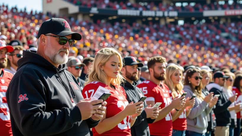 Aficionados de Missouri y Ole Miss revisan apuestas en sus teléfonos en un estadio