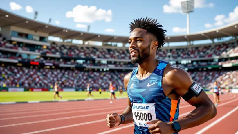 Lachlan Kennedy sprinting on an athletics track with CGM sensor visible on arm, Australian stadium setting