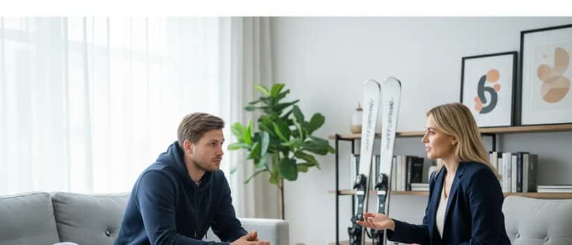 Svensk idrottare i samtal med idrottspsykolog i lugn terapimiljö