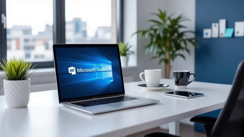 IT professional troubleshooting Microsoft Teams outage on a laptop in a modern office