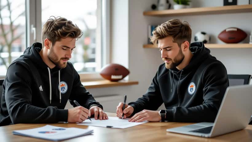 Fodboldspiller underskriver en kontrakt over for en advokat på et klubkontor