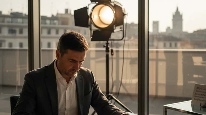 Avvocato italiano in ufficio milanese esamina contratto televisivo con spartiti musicali sul tavolo