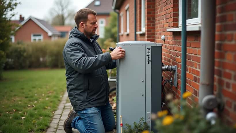 VVS-montør installerer varmepumpe ved dansk parcelhus foråret 2026
