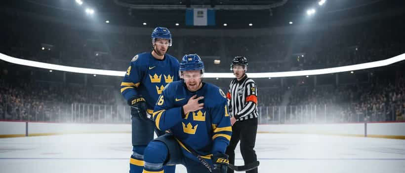 Svensk ishockeyspelare på isen som håller i axeln efter en kollision, med domaren och lagkamrat bredvid