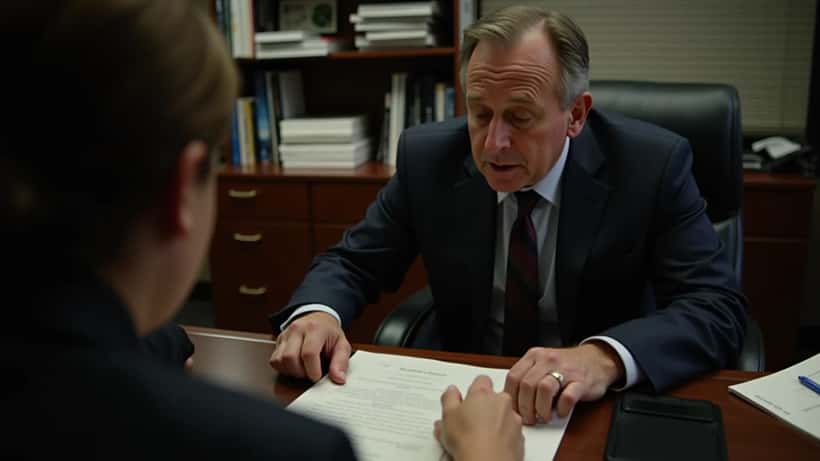 Entertainment lawyer reviewing a child actor production contract with a parent in a Los Angeles legal office