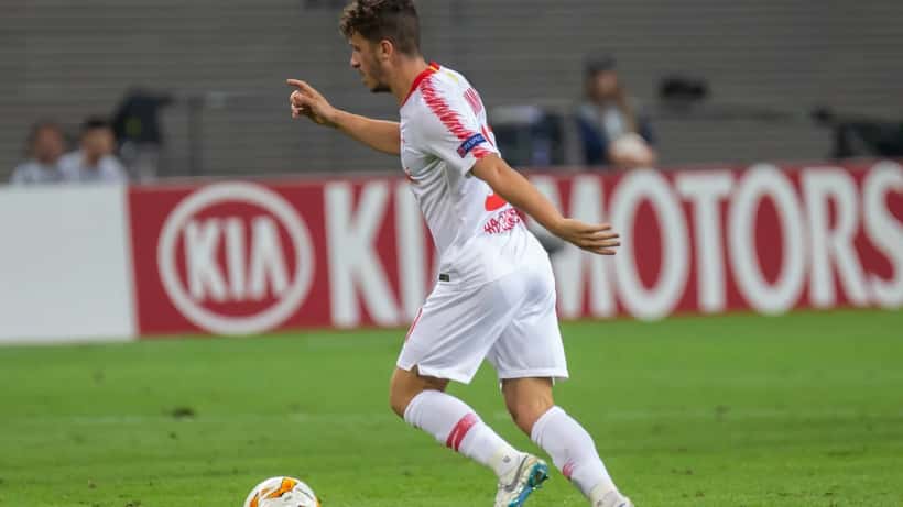 Fußballspieler Diego Demme in Aktion beim RB Leipzig UEFA Europa League Spiel